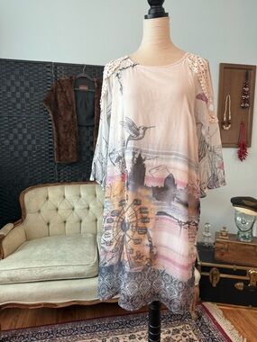 🐦 NWT Cream Addie Dress Chalk Print Lace Shoulder Sheer Boho Tunic EU 36